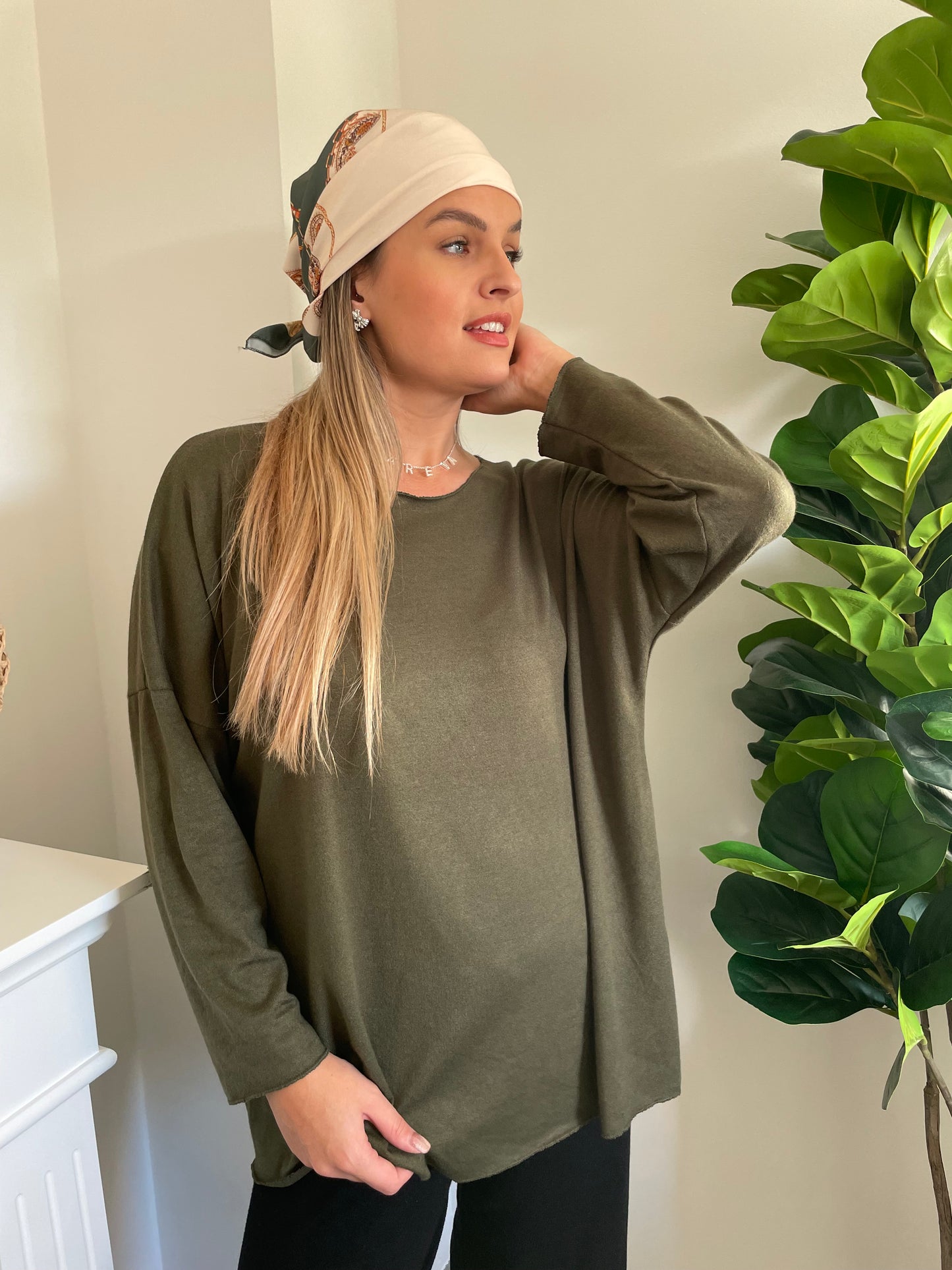Ensemble pull foulard kaki