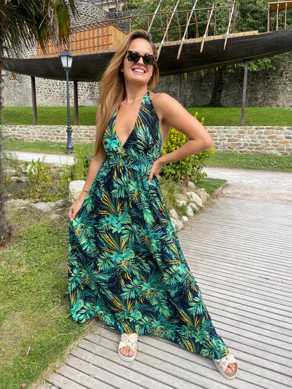 Robe palma dos nu verte/marine