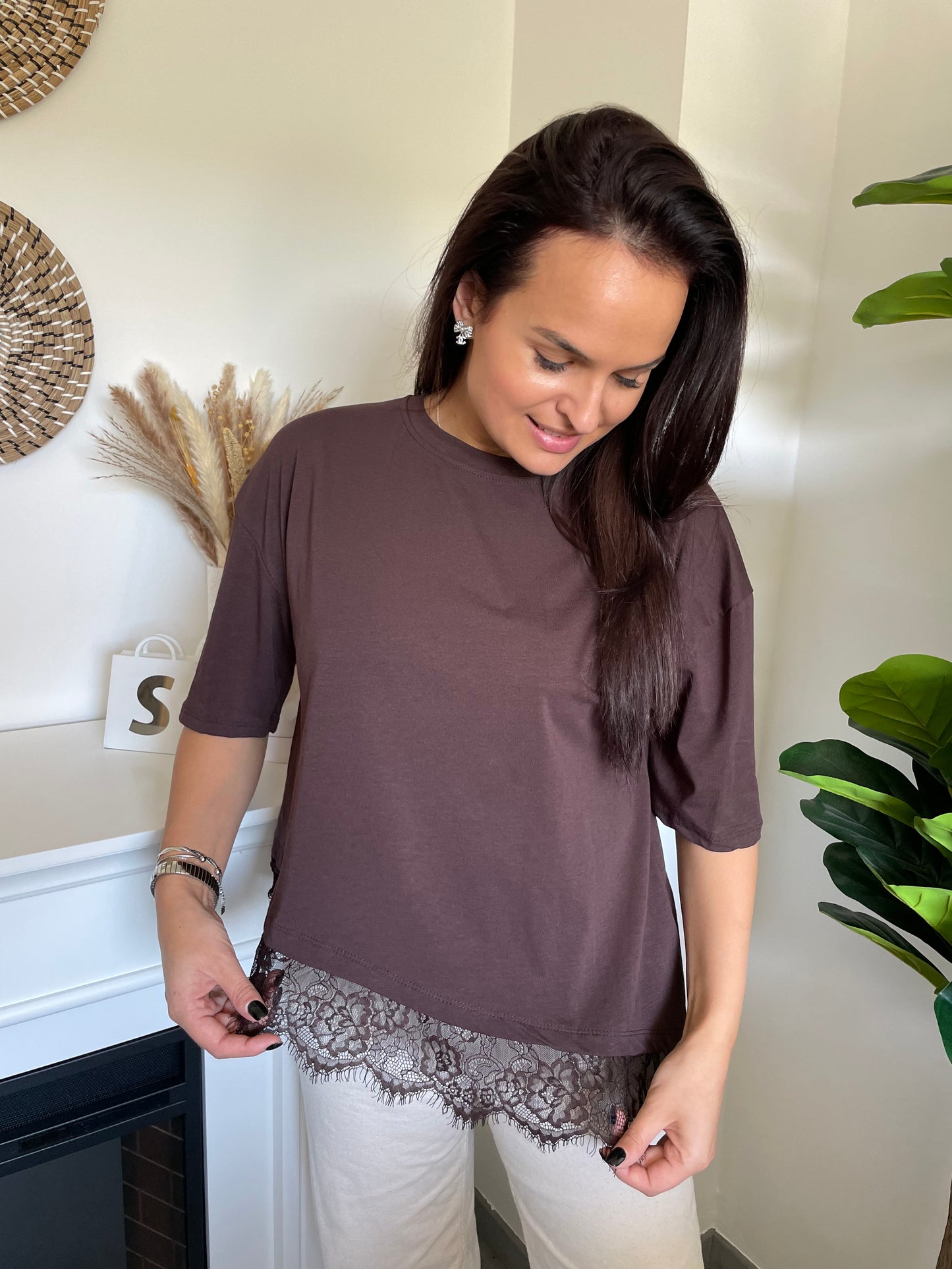 Haut dentelle asymétrique marron