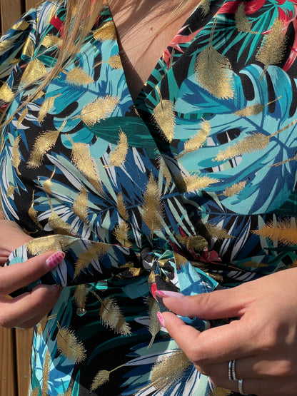 Robe exotique asymétrique bleue