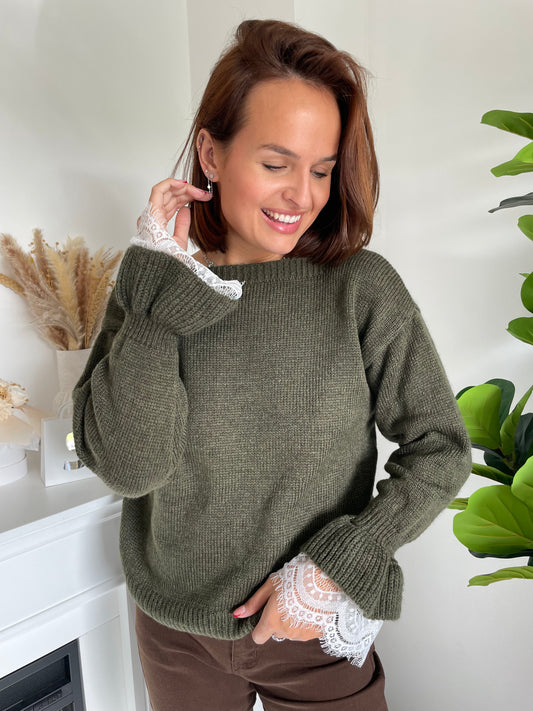 Pull dentelle kaki