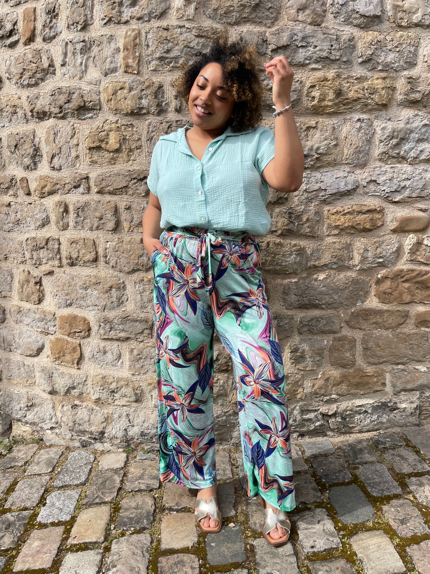 Pantalon flowers vert d’eau