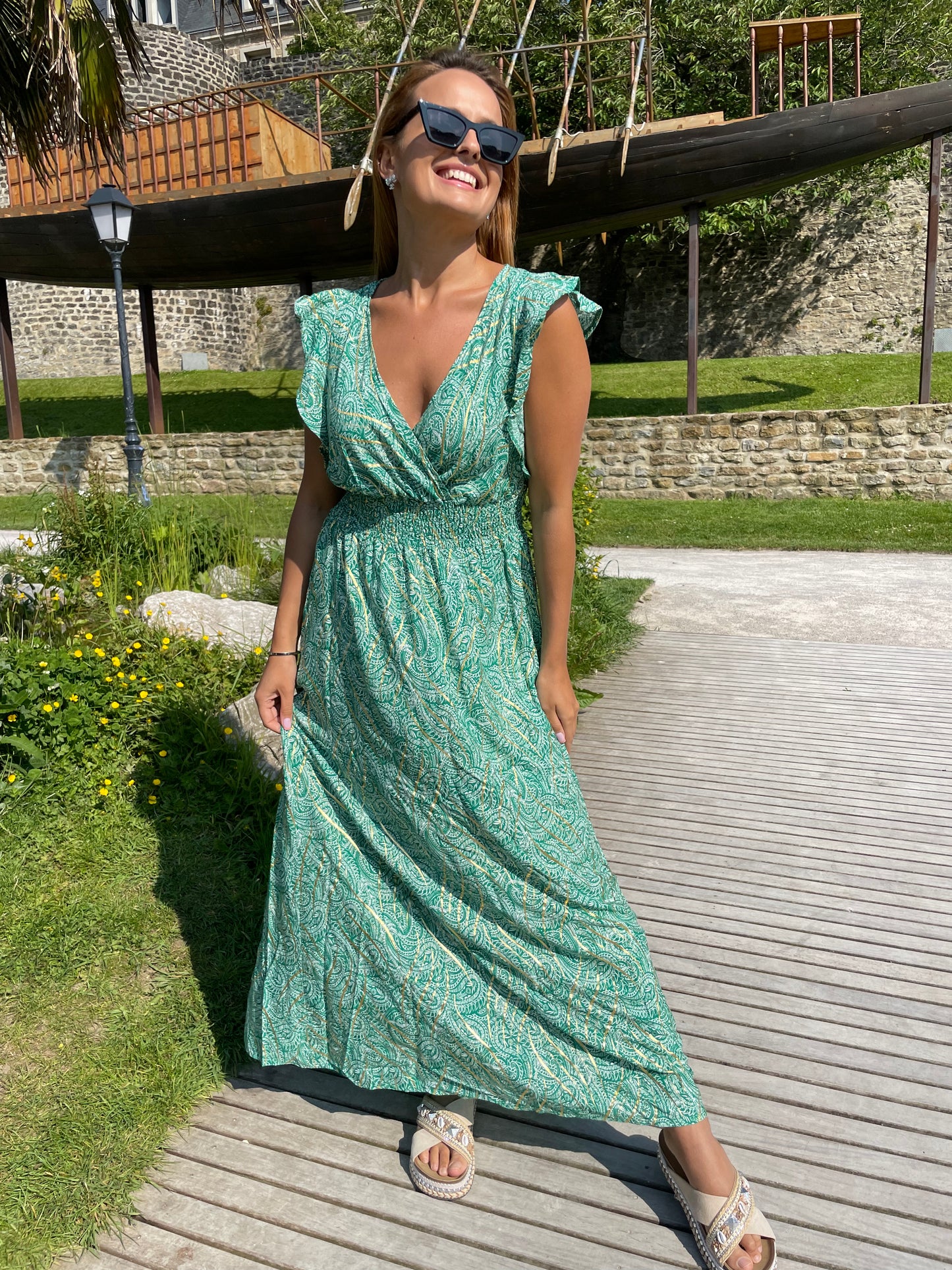 Robe longue dorée verte