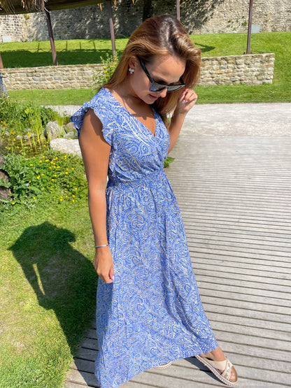 Robe longue dorée bleue