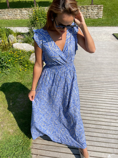 Robe longue dorée bleue