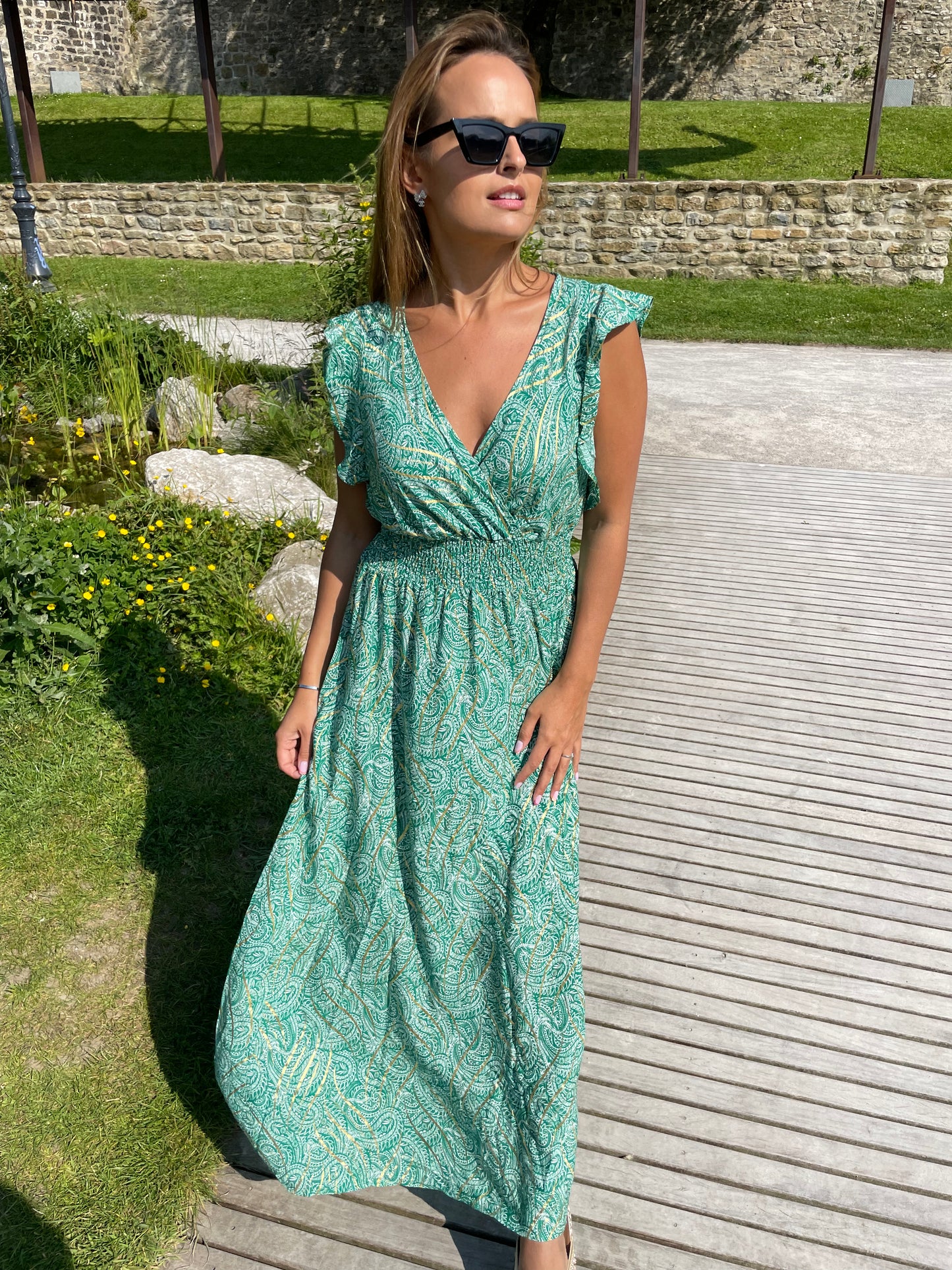 Robe longue dorée verte